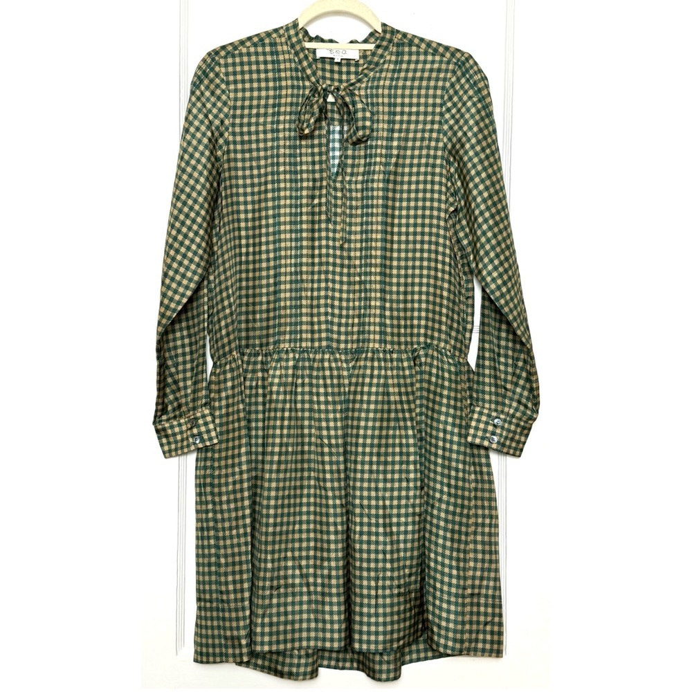 SEA NEW YORK Silk Gingham Plaid Long Sleeve Tie Neck Ruffle Hem Prairie Dress S - Picture 2 of 5